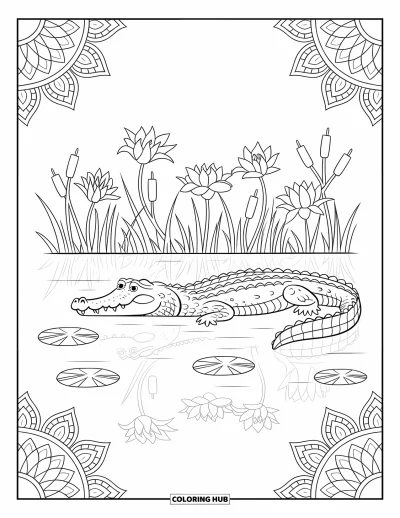 Coloriage d'alligator pour adultes : Un alligator au repos flotte dans une eau calme avec des reflets de lotus et des bordures détaillées