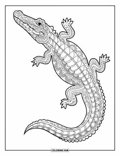 Coloriage d'alligator pour adultes : Un alligator de profil présente ses écailles en mandala sur une surface texturée simple