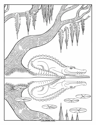 Coloriage d'alligator pour adultes : Un alligator endormi se love sous un arbre moussu près d'eaux garnies de nénuphars