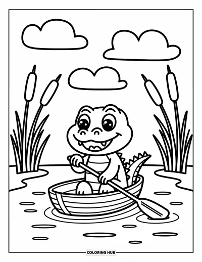 Coloriage d'alligator pour adultes : Un alligator souriant pagaie une barque au fil de douces vaguelettes et sous un ciel moelleux