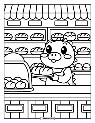 Coloriage d'alligator pour adultes : Un alligator souriant sert du pain dans une boulangerie chaleureuse avec des cupcakes et des biscuits