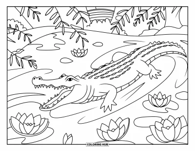 Coloriage d'alligator pour adultes : Un alligator souriant nage près de fleurs et d'arbres sous un pont serein