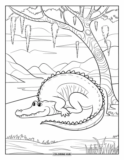 Coloriage d'alligator pour adultes : Un alligator sommeille sous un arbre aux motifs raffinés avec de l'eau et des montagnes derrière