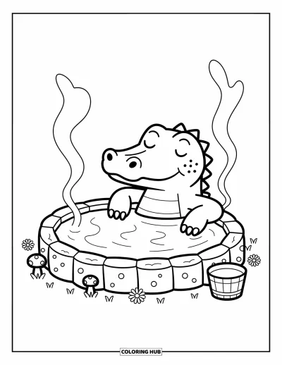 Coloriage d'alligator pour adultes : Un alligator profite d'une source chaude vaporeuse avec des marguerites et des champignons autour