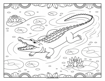 Coloriage d'alligator pour adultes : Un alligator glisse dans des eaux fleuries remplies de lotus et de nénuphars
