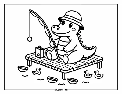 Coloriage d'alligator pour adultes : Un alligator avec un chapeau de soleil pêche tranquillement au bord de canards et de bateaux