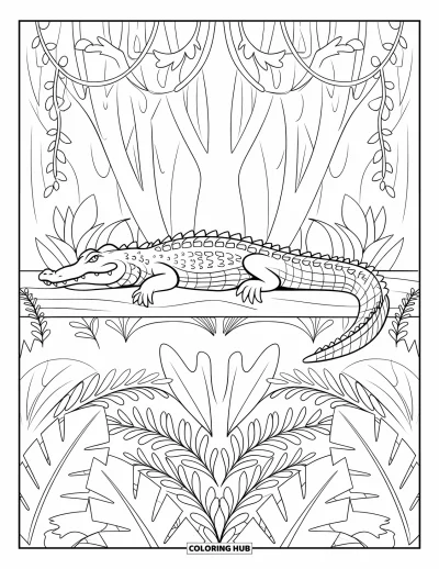 Coloriage d'alligator pour adultes : Un alligator est allongé sur un tronc dans une forêt aux motifs de feuilles en miroir