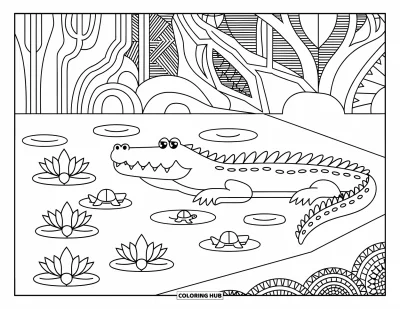 Coloriage d'alligator pour adultes : Un alligator se prélasse au bord d'un étang avec des tortues, des arbres et des motifs naturels détaillés