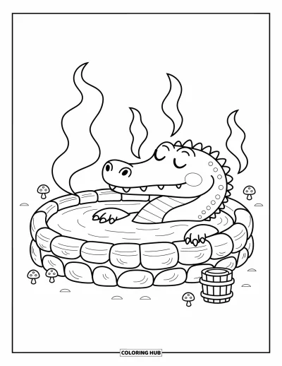 Coloriage d'alligator pour adultes : Un alligator se prélasse dans un bassin rocheux avec de petites feuilles et des champignons à proximité