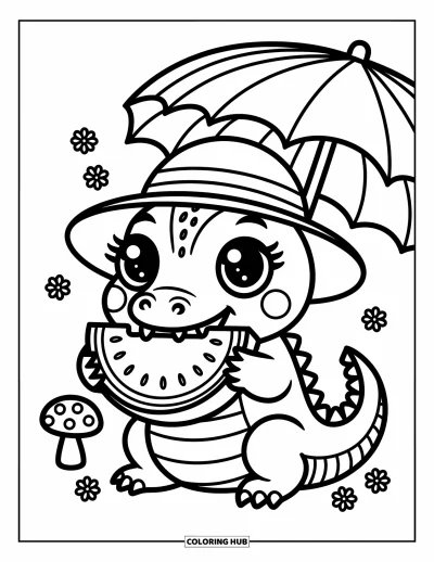 Coloriage d'alligator pour adultes : Un alligator croque du melon d'eau sous un parasol en feuille de palmier avec des coquillages alentour
