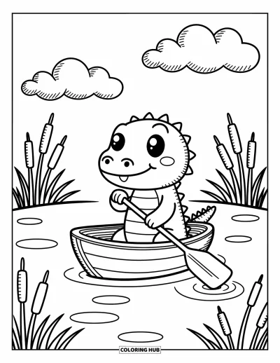 Coloriage d'alligator pour adultes : Un alligator pagaie dans une petite barque sur une rivière paisible avec des massettes et des nuages
