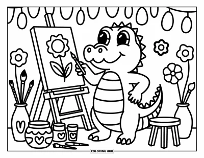 Coloriage d'alligator pour adultes : Un alligator peint des fleurs sur une toile dans un agréable atelier de jardin