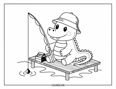 Coloriage d'alligator pour adultes : Un alligator se relaxe sur un ponton avec une canne à pêche et une petite boîte à appâts