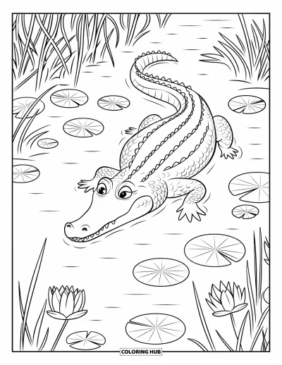 Coloriage d'alligator pour adultes : Un alligator se repose tranquillement dans l'eau entouré de roseaux et de fleurs en mandala