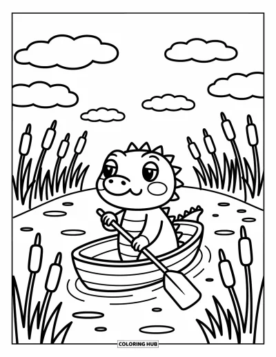 Coloriage d'alligator pour adultes : Un alligator rame une barque près de massettes et de nuages ronds dans une scène apaisante