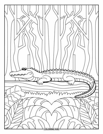 Coloriage d'alligator pour adultes : Un alligator dort sur un tronc parmi des arbres aux branches entrelacées et des feuilles