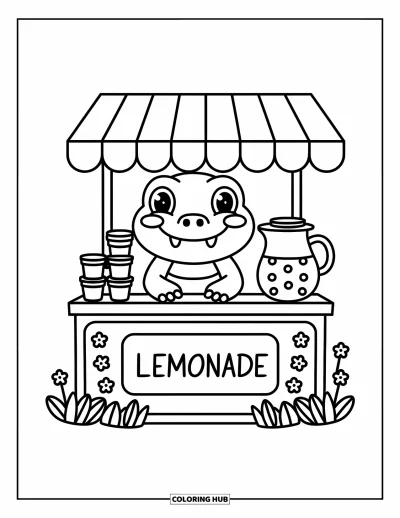 Coloriage d'alligator pour adultes : Un alligator se tient derrière un stand de limonade avec des enseignes gaies et une grande carafe