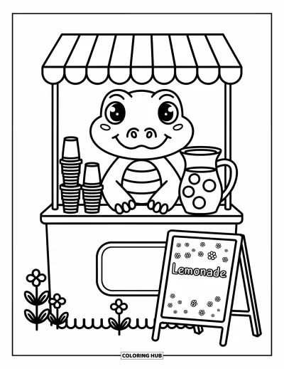 Coloriage d'alligator pour adultes : Un alligator se tient fièrement derrière un stand de limonade aux décorations fantaisistes