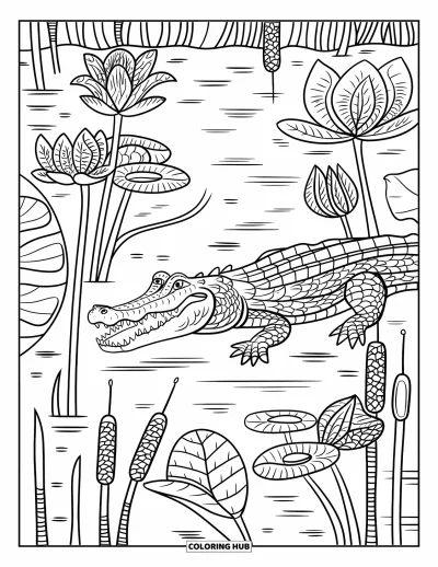 Coloriage d'alligator pour adultes : Un alligator nage parmi des plantes de marécage ornées de fleurs et de lianes feuillues