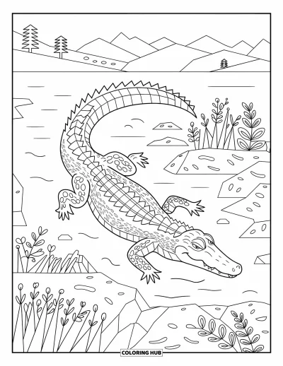 Coloriage d'alligator pour adultes : Un alligator nage dans un lac ornemental près de montagnes et de plantes