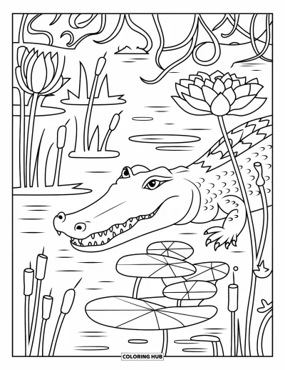 Coloriage d'alligator pour adultes : Un alligator nage parmi des plantes de marécage décorées dans des eaux calmes