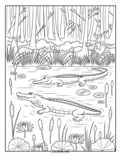 Coloriage d'alligator pour adultes : Un alligator nage parmi des lotus, des massettes et des lianes entrelacées dans un marécage