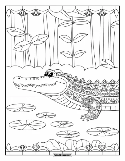 Coloriage d'alligator pour adultes : Un alligator aux écailles en mandala repose près de nénuphars et d'arbres forestiers