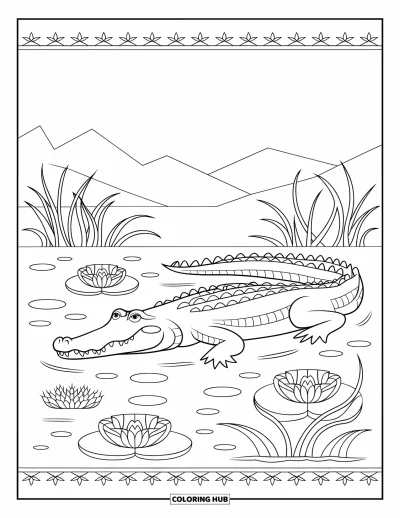 Coloriage d'alligator pour adultes : Un alligator à la gueule ouverte flotte parmi des nénuphars en mandala et des montagnes