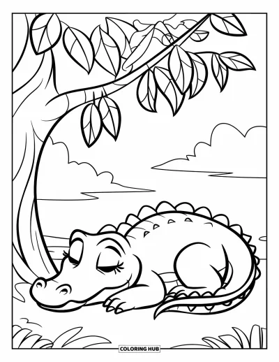Coloriage d'alligator pour enfants : Un bébé alligator fait une sieste sous de grandes feuilles d'arbre près d'une eau paisible