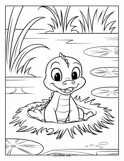 Coloriage d'alligator pour enfants : Un bébé alligator est assis à côté de son nid d'œufs près d'un marécage tranquille