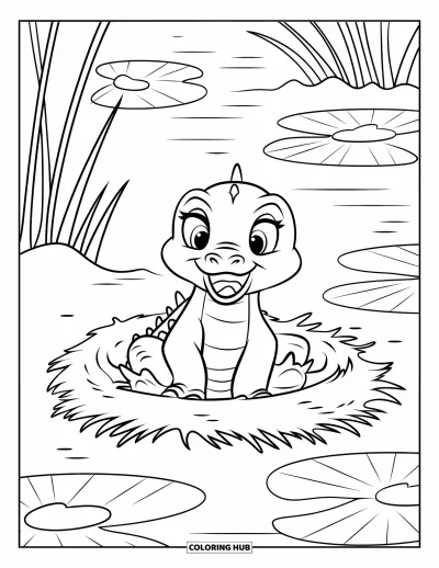 Coloriage d'alligator pour enfants : Un bébé alligator est assis fièrement à côté de son nid d'œufs dans un marécage couvert de nénuphars