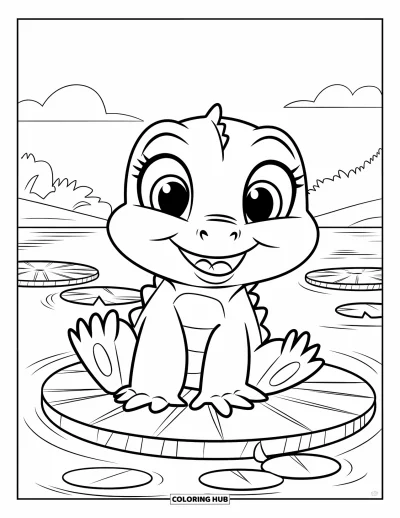 Coloriage d'alligator pour enfants : Un bébé alligator sourit assis sur un grand nénuphar sous un ciel ensoleillé