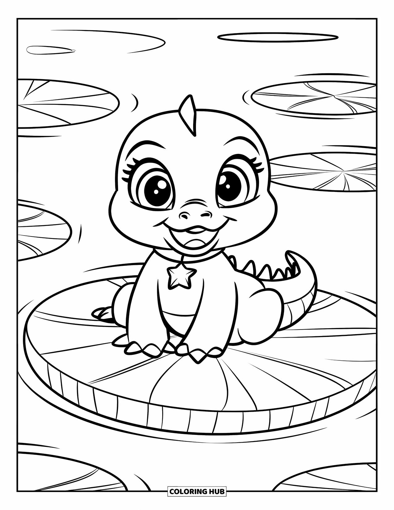 Alligator Coloring Page for Kids: A baby alligator with a star necklace smiles on a round lily pad in a pond