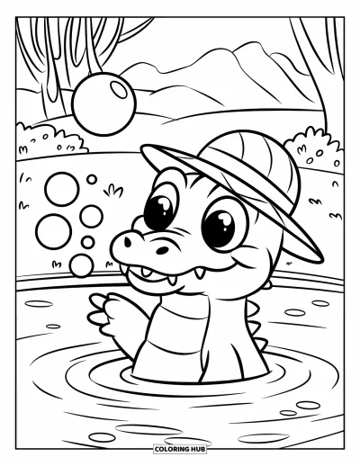 Coloriage d'alligator pour enfants : Un alligator qui fait des bulles se détend dans un étang entouré d'arbres et de collines