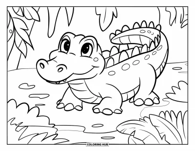 Coloriage d'alligator pour enfants : Un alligator joyeux pointe le bout du nez d'un buisson dans une scène de jungle simple