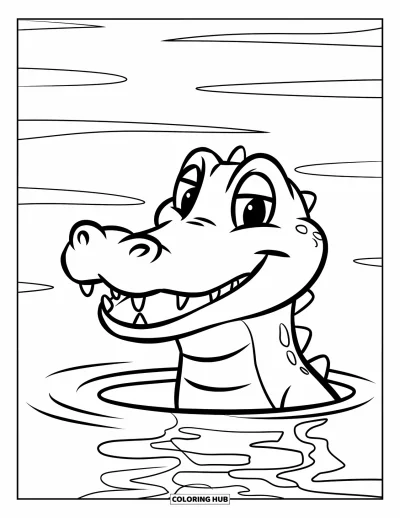 Coloriage d'alligator pour enfants : Un alligator joyeux sort la tête de l'eau avec un grand sourire