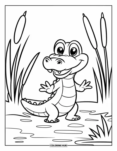 Coloriage d'alligator pour enfants : Un alligator souriant se tient sur la berge dans un décor simple et plein de vie