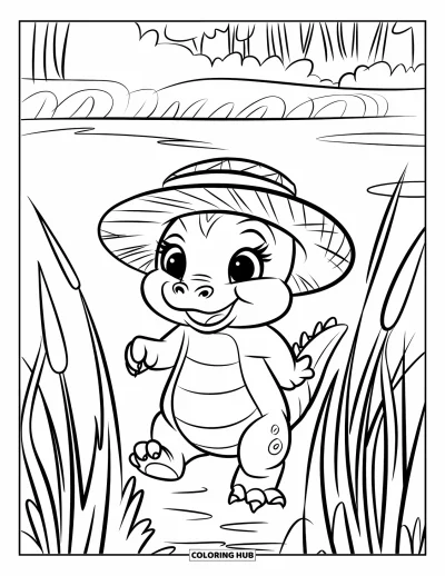 Coloriage d'alligator pour enfants : Un alligator potelé traverse de grandes herbes ondulantes avec un large sourire
