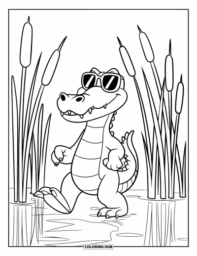 Coloriage d'alligator pour enfants : Un alligator décontracté marche avec assurance parmi des roseaux ondulants près d'une eau calme