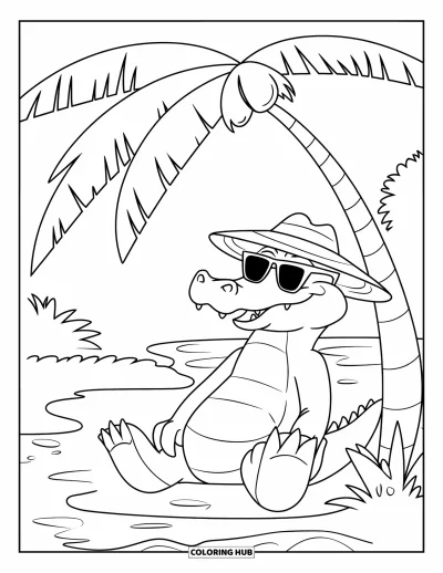 Coloriage d'alligator pour enfants : Un jeune alligator cool avec un chapeau se prélasse au bord d'un étang sous des palmiers