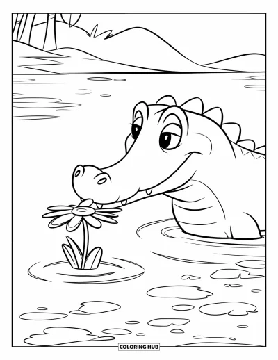Coloriage d'alligator pour enfants : Un alligator curieux touche une fleur dans une eau calme avec des montagnes au loin