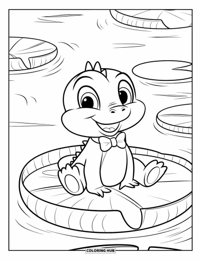 Coloriage d'alligator pour enfants : Un mignon alligator avec un nœud papillon est assis joyeusement sur un grand nénuphar