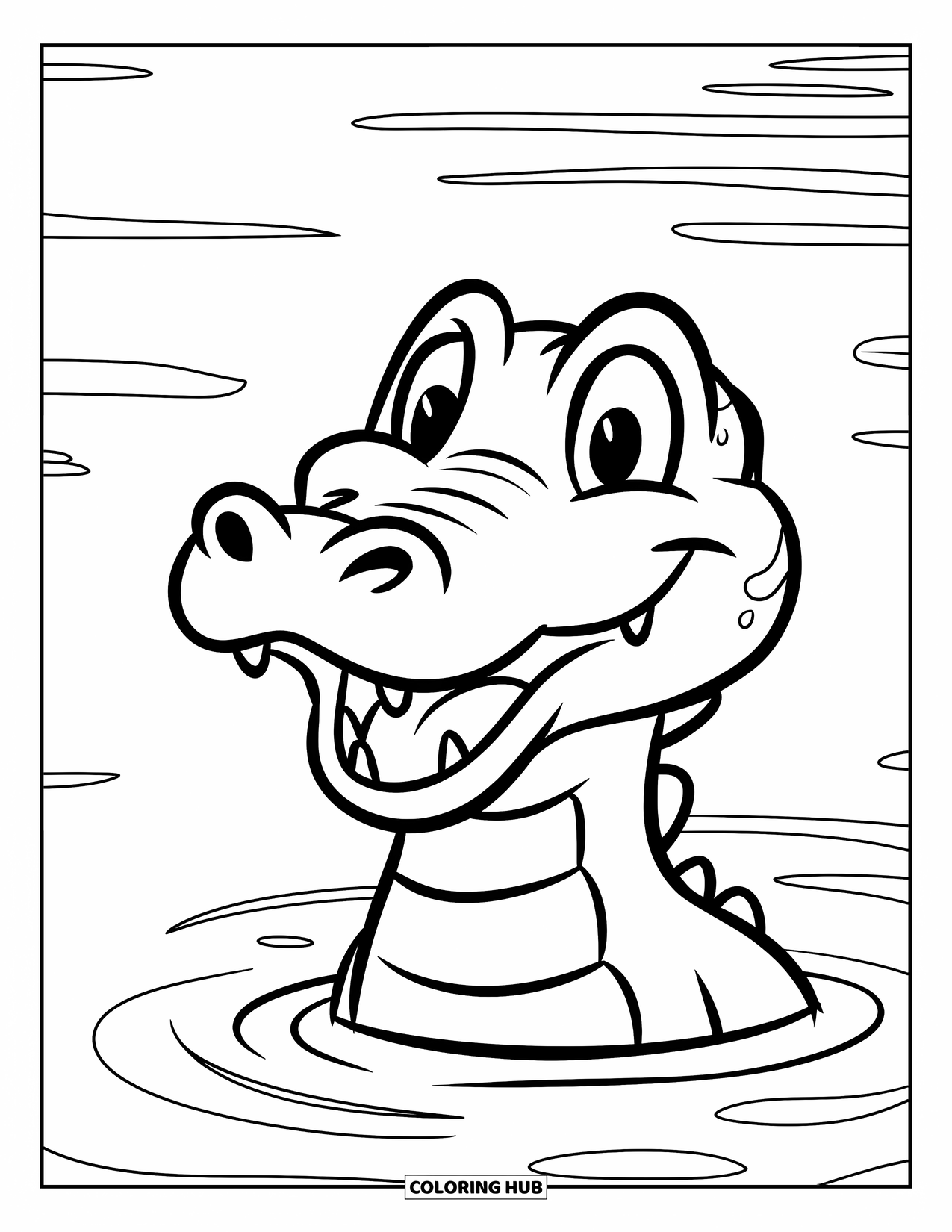 Alligator Coloring Page for Kids: A grinning alligator peeks out of the water with just its head showing