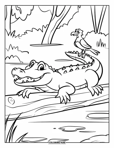 Coloriage d'alligator pour enfants : Un alligator souriant se repose sur un tronc pendant qu'un oiseau l'observe à proximité