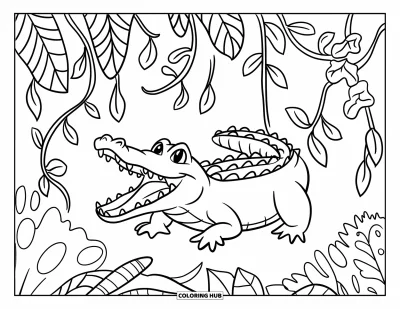 Coloriage d'alligator pour enfants : Un alligator heureux passe la tête à travers des lianes entrelacées et des feuilles de jungle