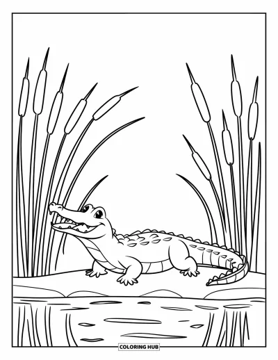 Coloriage d'alligator pour enfants : Un alligator joyeux montre ses dents en se tenant parmi des roseaux ondulants près d'une eau calme
