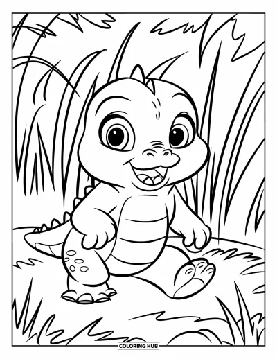 Coloriage d'alligator pour enfants : Un bébé alligator heureux traverse un champ herbeux avec un grand sourire