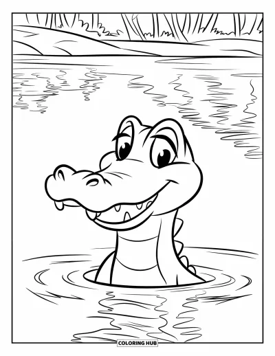Coloriage d'alligator pour enfants : La tête d'un alligator joyeux émerge d'un lac calme avec des arbres au loin
