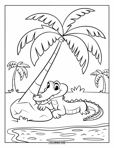 Coloriage d'alligator pour enfants : Un alligator détendu se repose sous des palmiers près d'un grand rocher