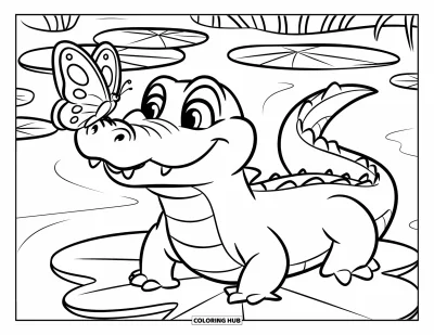 Coloriage d'alligator pour enfants : Un alligator espiègle est assis sur une feuille avec un papillon posé sur son museau